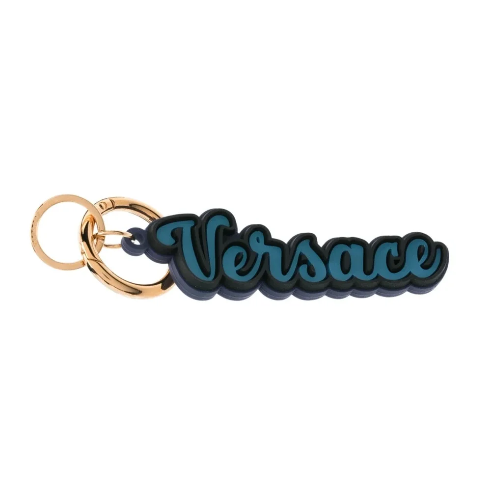 Versace Unisex Key Ring Gold Round Blue Silicone Charm Logo Key Chain NWT $225